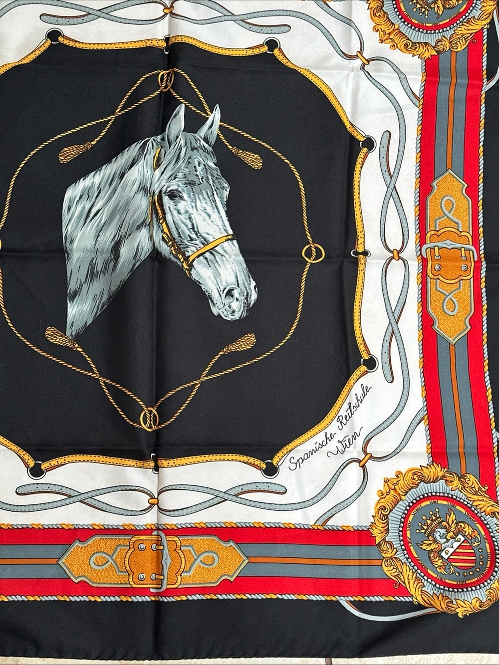 Decorative Horse Print Scarf in Black, White, Gold - Satin Unbranded from Italy